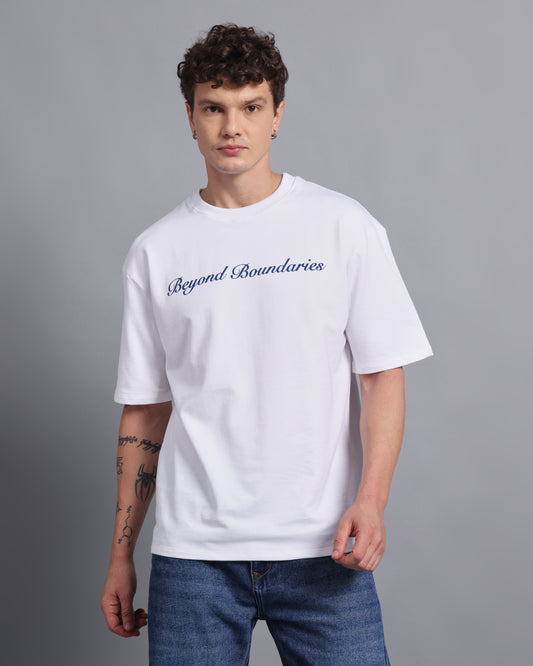 "BEYOND BOUNDARIES"- white oversized tee
