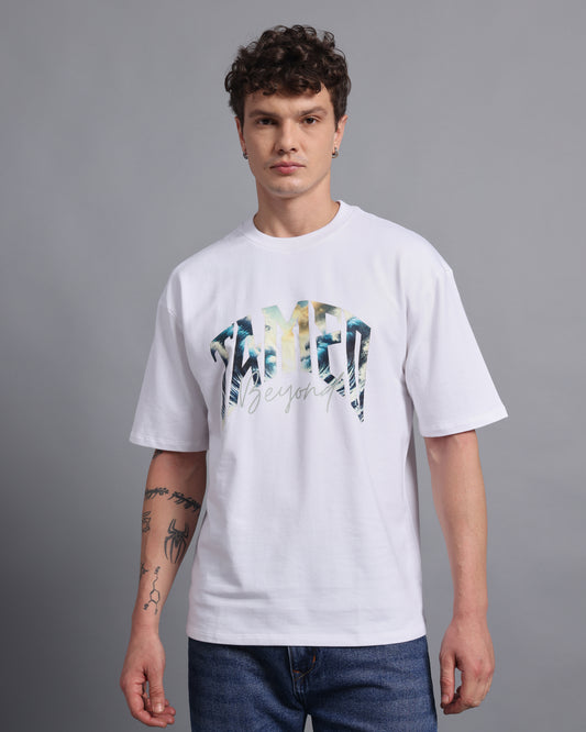 "TAMED BEYOND?"- white oversized tee