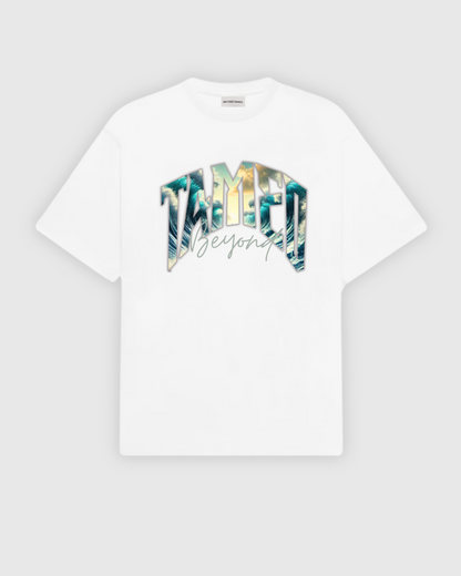 "TAMED BEYOND?"- white oversized tee